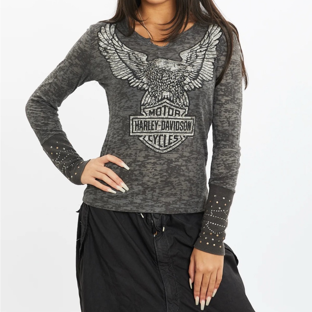 Harley Davidson T Shirt Women's S Y2K Studded Long Sleeve Burn Out Style Top✅